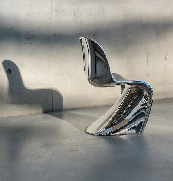 Nature morte créée avec l’IA par Romain Brunswick, une chaise chromée sur béton brut